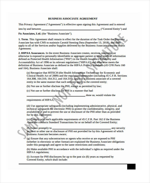 sample business associate agreement form