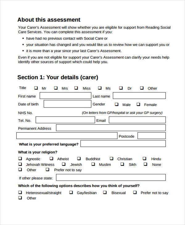sample carers self assessment form2