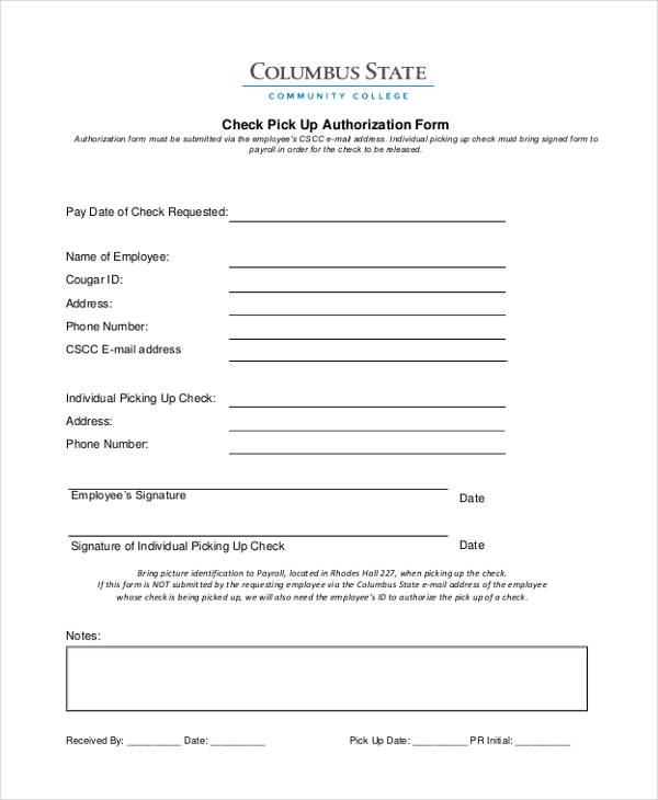 sample check pick up authorization form