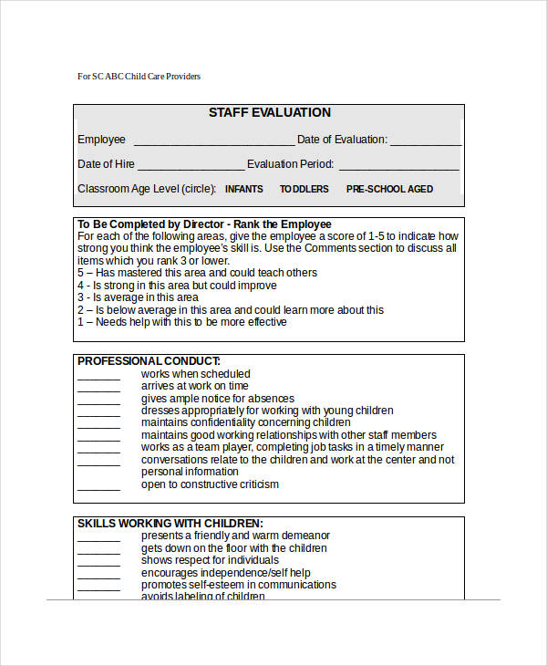 sample child care employee evaluation form