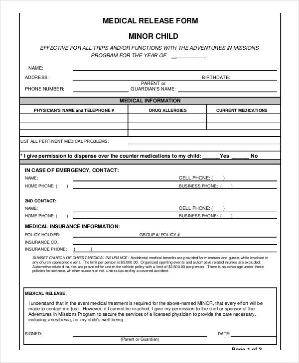 sample child medical release form