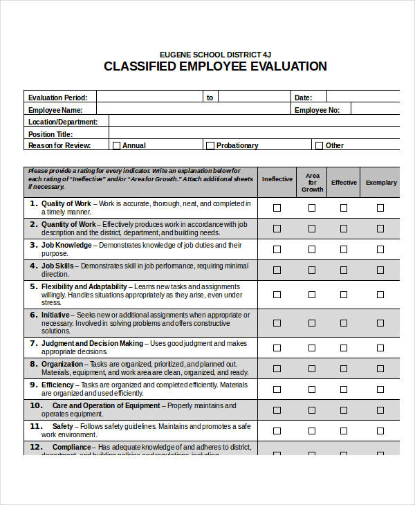 sample classified employee evaluation form