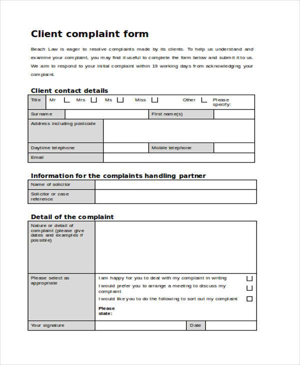 sample client complaint form