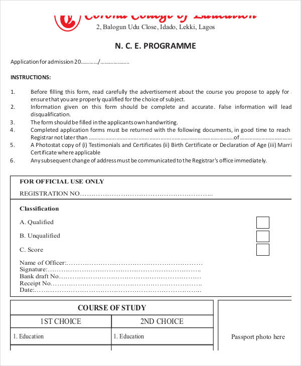 sample college of education application form