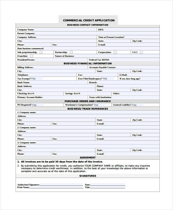 sample commercial credit application form