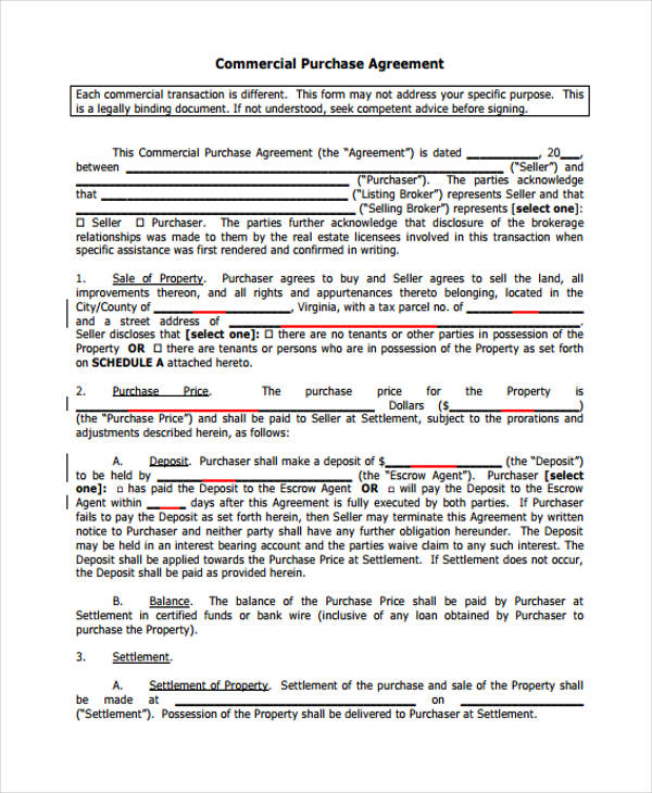sample commercial purchase agreement form