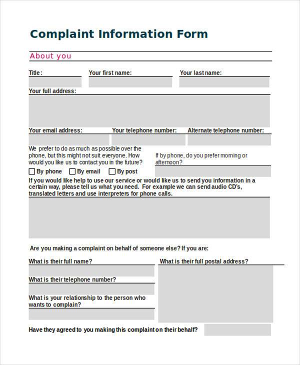 sample complaint information form
