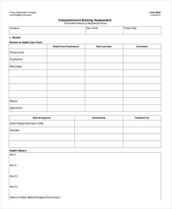 sample comprehensive nursing assessment form