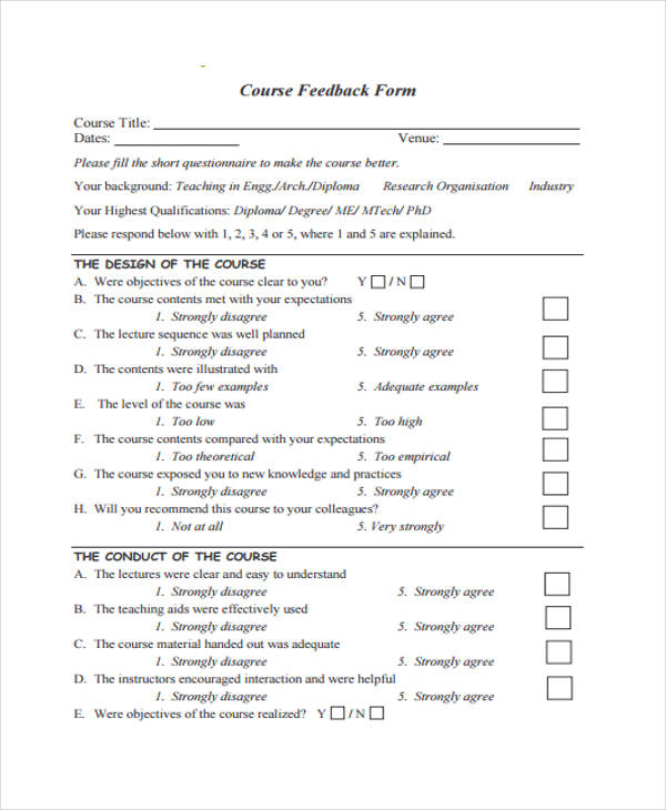 sample course feedback form