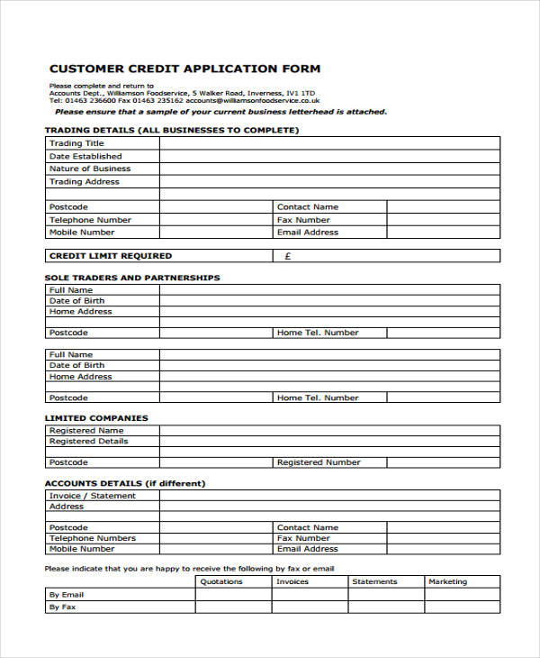 sample customer credit application form