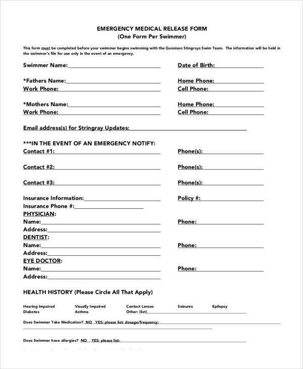 sample emergency medical release form