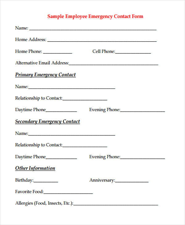 FREE 33 Emergency Contact Forms In PDF Excel MS Word