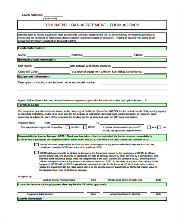 sample equipment loan agreement form
