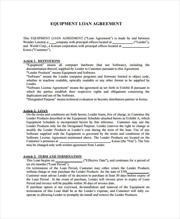 sample equipment loan agreement