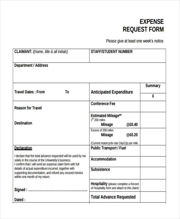 sample expense request form