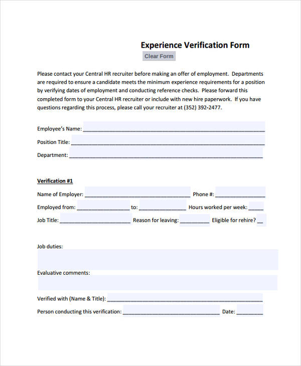 sample experience verification form