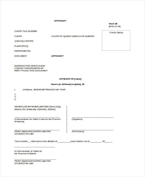 sample general affidavit form