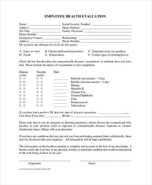 sample health employee evaluation form