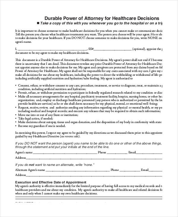 sample healthcare power of attorney form