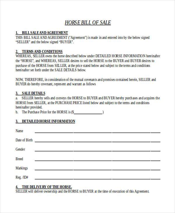 sample horse bill of sale form