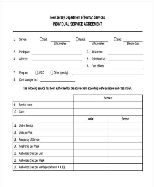 sample individual service agreement form