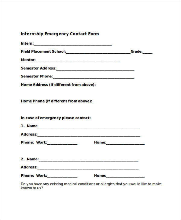 sample internship emergency contact form