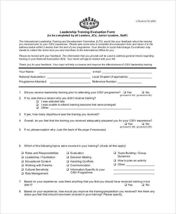 sample leadership training evaluation form