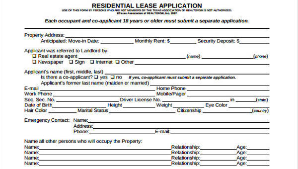 sample lease application forms