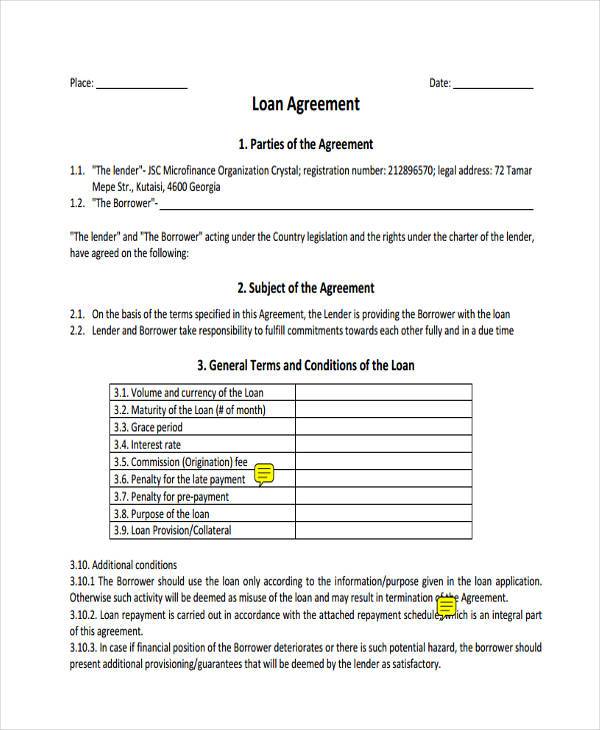 sample loan agreement form pdf