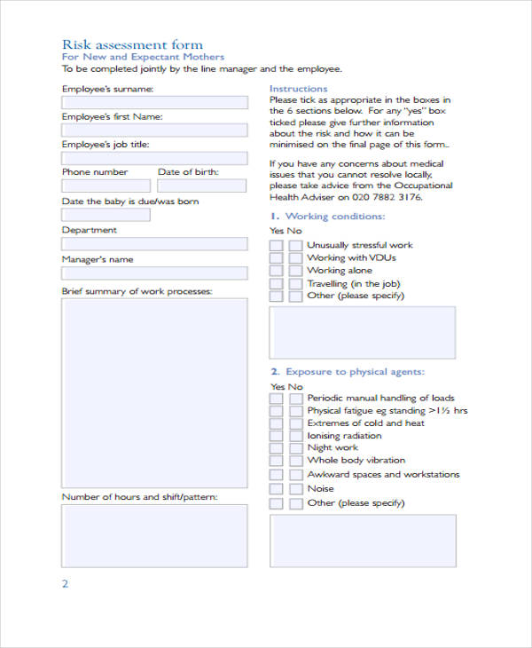 sample maternity risk assessment form