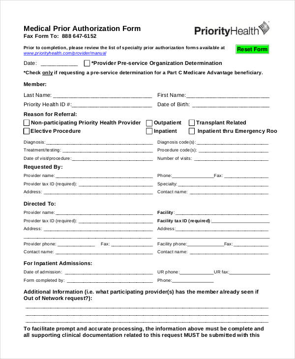 sample medical prior authorization form