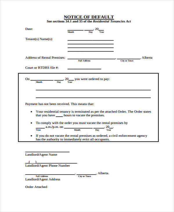 Notice Of Default Letter Template