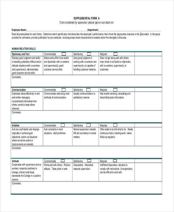 sample part time employee evaluation form
