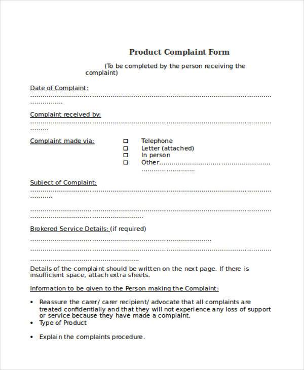 sample product complaint form