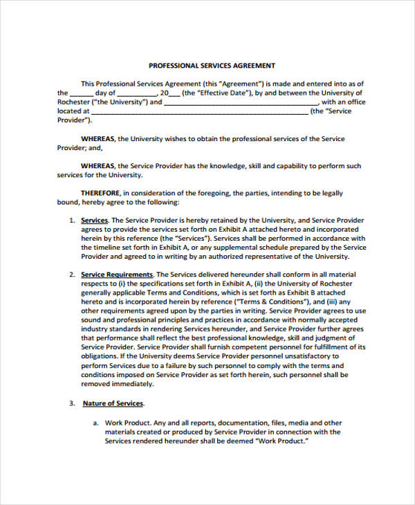 sample professional service agreement form