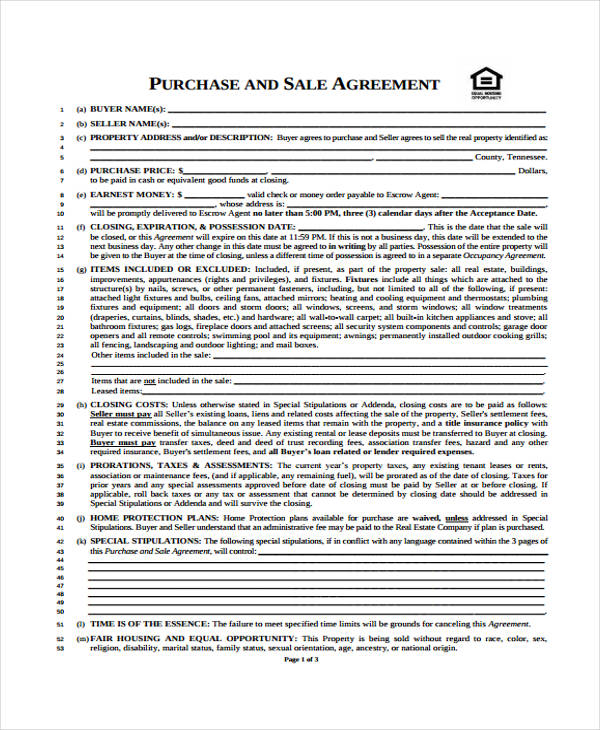 sample purchase agreement contract form