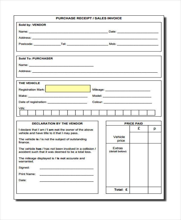 sample purchase receipt form