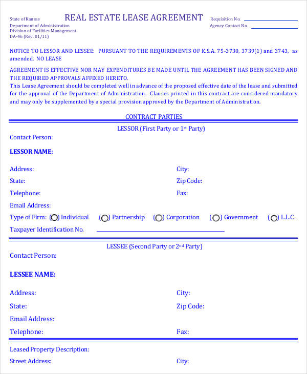 sample real estate lease agreement