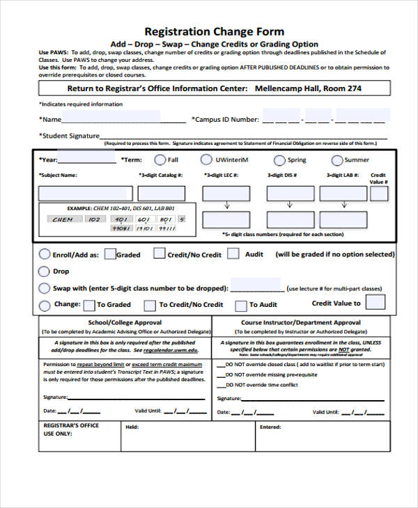 sample registration change form