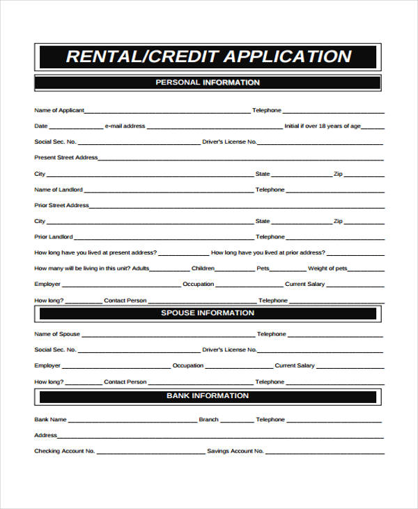sample rental credit application form