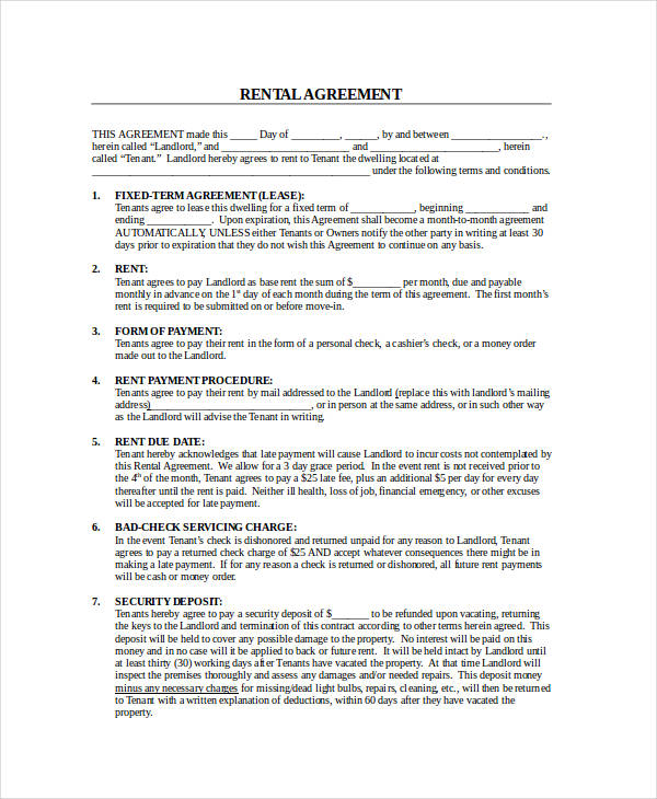 sample rental lease agreement form