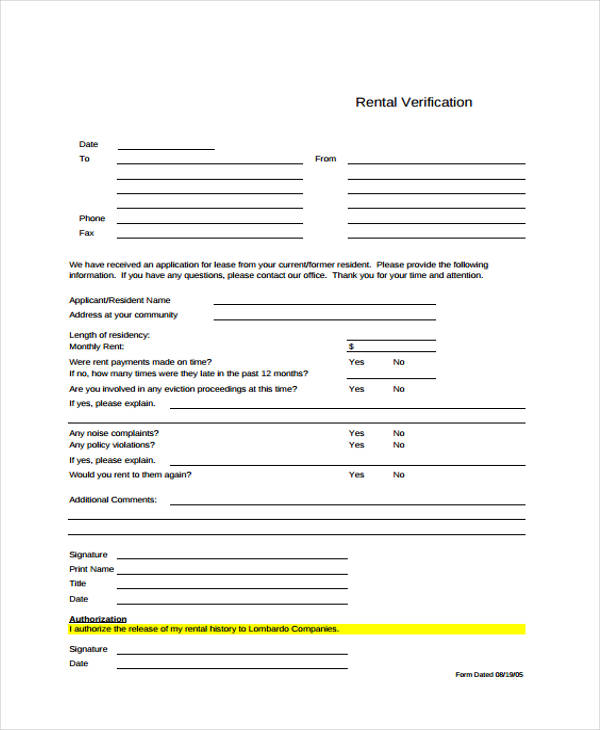 sample rental verification form