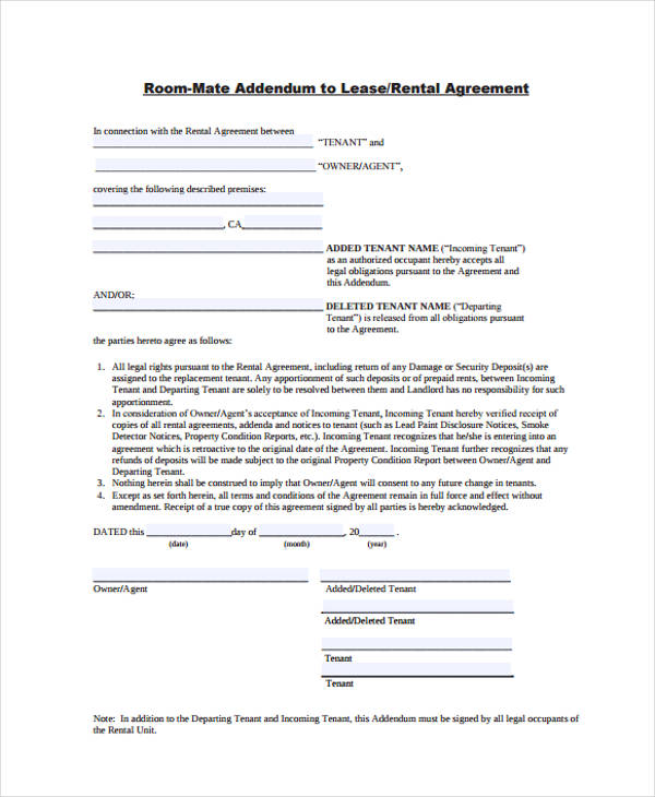 sample roommate rental agreement form