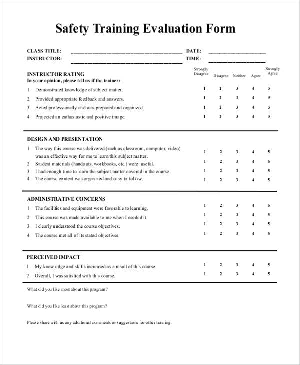 sample safety training evaluation form