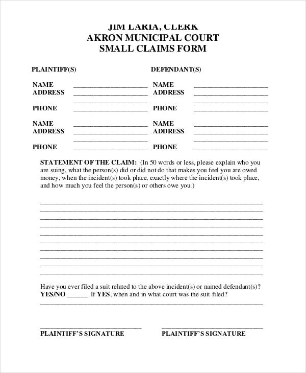 sample small claim form