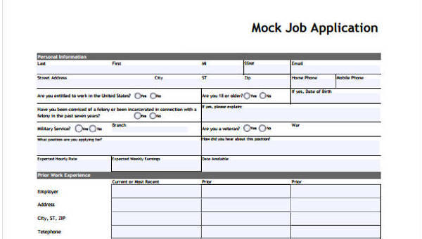 sample standard job application forms