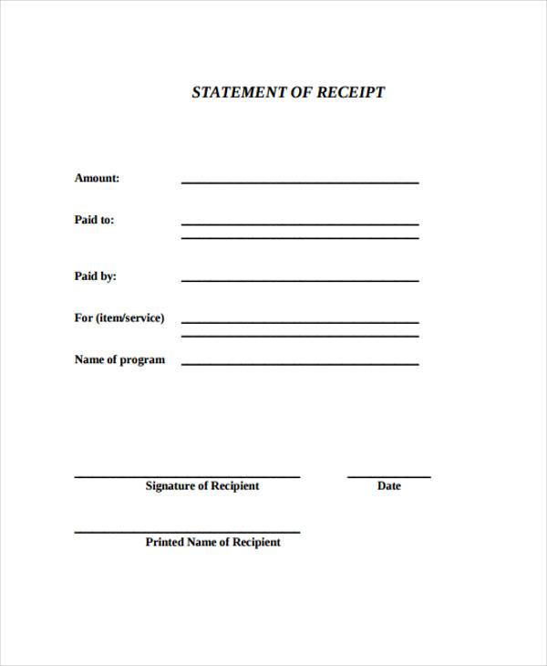 sample statement receipt form