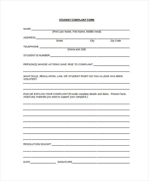 sample student complaint form