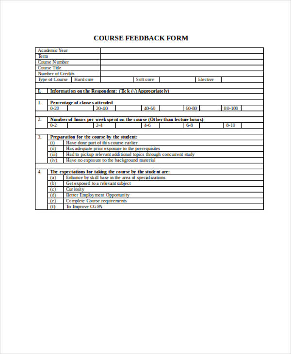 sample student course feedback form
