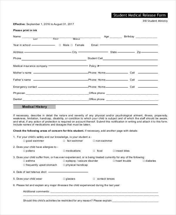 sample student medical release form